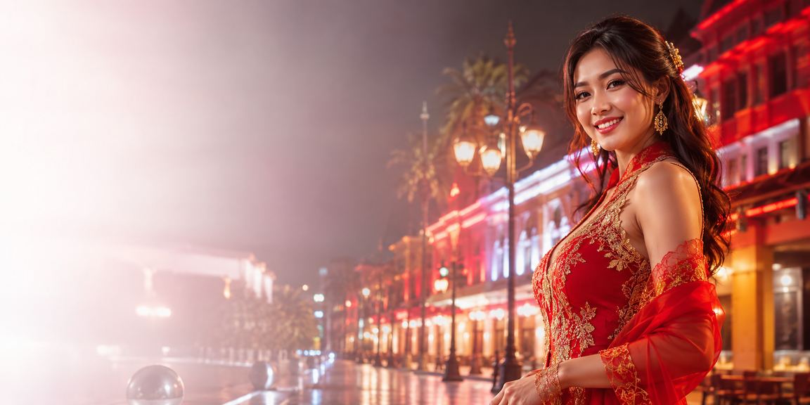 Suasana meja casino dengan lampu neon berwarna di malam hari