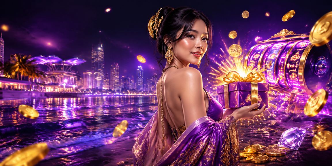 Layar slot game dengan efek neon berwarna-warni di malam hari